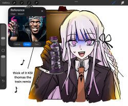 1girl :d black_gloves bottle braid brown_necktie danganronpa:_trigger_happy_havoc danganronpa_(series) gloves hair_ribbon highres holding holding_bottle jacket kirigiri_kyoko looking_at_viewer meme mk_mikioo necktie open_clothes open_jacket open_mouth orange_necktie purple_jacket real_life reference_inset ribbon shaded_face side_braid sweat sweatdrop teeth white_background