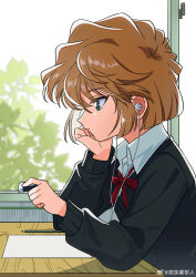  absurdres bisho_imobing_hito black_sweater brown_hair closed_mouth commentary_request earphones earphones eraser haibara_ai highres holding_eraser indoors long_sleeves looking_ahead meitantei_conan paper pencil red_ribbon ribbon short_hair sweater upper_body window 