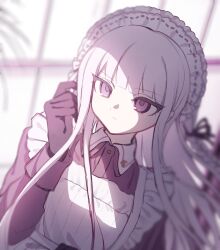  1girl apron black_gloves black_jacket black_ribbon closed_mouth danganronpa:_trigger_happy_havoc danganronpa_(series) gloves hair_ribbon hand_up highres jacket kirigiri_kyoko long_hair long_sleeves maid maid_apron maid_headdress pink_eyes ribbon solo tago_(matsu0da) upper_body white_apron white_hair 