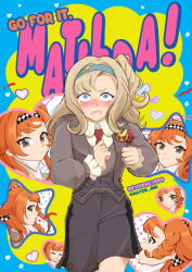  2girls blue_background blue_eyes blue_hairband blush braid braided_sidelock checkered_hairband collared_shirt english_text ganbare!_nakamura-kun!! ganbare!_nakamura-kun!!_cover_parody green_eyes grey_hair grey_shorts grey_sweater hairband hayde_ink heart high_collar highres looking_at_viewer matilda_bouanich multiple_girls multiple_views necktie nervous_sweating one_side_up open_mouth orange_hair overall_shorts overalls parody red_necktie reverse:1999 shirt short_eyebrows shorts sonetto_(reverse:1999) star_(symbol) sweat sweater two-tone_background two_side_up v-shaped_eyebrows white_shirt yellow_background yuri 