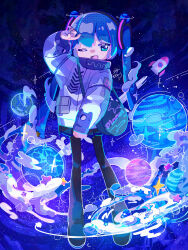  1girl ;d absurdres arm_up black_boots blue_hair blue_skirt boots commentary_request full_body green_eyes hatsune_miku highres jacket long_hair long_sleeves looking_at_viewer miniskirt one_eye_closed open_mouth planet pleated_skirt rocket skirt smile solo space standing thigh_boots twintails usa_motou vocaloid white_jacket 
