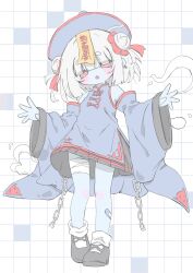  1girl :o bandaged_leg bandages bandaid bandaid_on_leg bare_shoulders black_shoes black_skirt blue_dress blue_hat blue_skin blue_sleeves blush_stickers chain chinese_clothes colored_skin commentary_request detached_sleeves double_bun dress full_body grid_background hair_bun hair_ribbon hat highres izumi_(yura_izumi) jiangshi mandarin_collar medium_hair multiple_hair_ribbons ofuda ofuda_on_head open_mouth original qingdai_guanmao red_eyes red_ribbon ribbon shoes skirt sleeveless sleeveless_dress socks solo white_hair white_socks wide_sleeves 