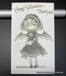  1girl ascot back_bow bat_wings bluesky_username bow bowtie box box_of_chocolates collared_shirt commentary_request deformed english_text frilled_shirt_collar frilled_skirt frills full_body happy_valentine hat heart-shaped_box holding holding_box mary_janes mob_cap photo_(medium) puffy_short_sleeves puffy_sleeves remilia_scarlet s.mamiya shirt shoes short_sleeves skirt socks solo thank_you touhou traditional_media wings 