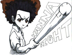  1boy afro black_hair brown_eyes brown_hair child commentary dress_shirt english_commentary english_text graphite_(medium) holding holding_staff huey_freeman looking_at_viewer male_focus mr.drawmatic shirt short_sleeves staff the_boondocks traditional_media upper_body v-shaped_eyebrows white_background 