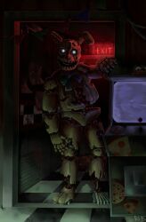  absurdres animal_ears arcade_cabinet backlighting bow bowtie cable commentary damaged english_commentary exposed_internal_machinery five_nights_at_freddy's five_nights_at_freddy's_3 full_body glowing glowing_eyes highres horror_(theme) humanoid_robot indoors looking_at_viewer mechanical_ears open_mouth purple7n7black rabbit_ears robot solo springtrap standing teeth 