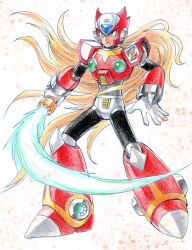  1boy android armor blonde_hair blue_eyes chest_jewel energy_sword forehead_jewel full_body hashtag-only_commentary helmet hijiriiyaa holding holding_sword holding_weapon krita_(medium) male_focus mega_man_(series) mega_man_x_(series) red_armor red_helmet simple_background solo sword traditional_media weapon white_background z_saber zero_(mega_man) 
