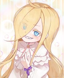  blonde_hair blue_eyes blush cute dress eyes_visible_through_hair fang highres jabot long_hair looking_at_viewer louis_arneb pointing_at_self purple_ribbon re:zero_kara_hajimeru_isekai_seikatsu sharp_teeth simple_background smile smug solo spica_(re:zero) star_in_eye teeth upper_body white_dress 
