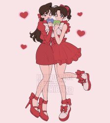  2girls ba_ko bare_arms bare_shoulders blush bow box brown_hair closed_mouth commentary dress gift gift_box hair_ribbon heart-shaped_box high_heels highres holding holding_gift juliet_sleeves long_hair long_sleeves meitantei_conan mouri_ran multiple_girls open_mouth parted_bangs pink_background pink_dress pink_ribbon pink_shoes ponytail puffy_sleeves pumps ribbon shoes short_dress sleeveless sleeveless_dress smile tooyama_kazuha twitter_username untranslatable_commentary valentine white_bow white_shoes 