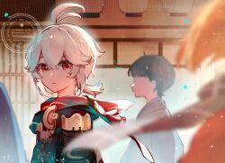  3boys :o antenna_hair armor black_hair black_haori black_scarf blue_scarf blurry blurry_foreground commentary_request crossed_bangs genshin_impact hair_between_eyes haori highres indoors jagabokkuru japanese_armor japanese_clothes kaedehara_kazuha kazuha's_friend_(genshin_impact) lantern light_particles looking_at_another looking_to_the_side low_ponytail male_focus medium_hair multiple_boys paper_lantern parted_lips pom_pom_(clothes) ponytail red_eyes red_scarf scarf short_hair shouji shoulder_armor sidelocks sliding_doors sode tassel watermark white_hair 