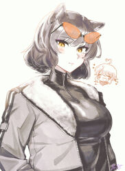  :d absurdres ahoge animal_ears bandana bc98_48280 black_bodysuit black_hair blake_belladonna blush blush_stickers bodysuit breasts cat_ears cat_girl closed_eyes closed_mouth commentary_request eyewear_on_head faunus_(rwby) grey_jacket hair_between_eyes heart heart_ahoge highres impossible_bodysuit impossible_clothes jacket large_breasts light_smile long_hair long_sleeves looking_at_viewer medium_hair open_clothes open_jacket open_mouth orange-tinted_eyewear rwby simple_background smile solo_focus tinted_eyewear turtleneck turtleneck_bodysuit upper_body white_background white_jacket yang_xiao_long yellow_eyes 