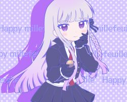 1girl black_gloves black_jacket black_ribbon black_skirt blush braid collared_shirt commentary_request danganronpa:_trigger_happy_havoc danganronpa_(series) derivative_work food gloves hair_ribbon hand_up happy_mille-feuille_(idolmaster) holding holding_food idolmaster jacket kirigiri_kyoko long_hair long_sleeves looking_at_viewer misa_(usaginosakura) necktie open_clothes open_jacket parody pleated_skirt red_necktie ribbon shirt skirt solo white_shirt 