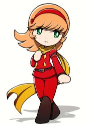  1girl beeru_(veil8801) belt belt_buckle black_belt black_boots boots buckle closed_mouth commentary_request cyborg_009 deformed francoise_arnoul full_body green_eyes hairband highres knee_boots long_hair long_sleeves orange_hair pants red_hairband red_pants scarf shadow simple_background solo split_mouth white_background yellow_scarf 