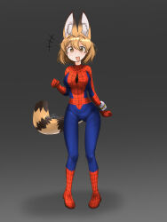  +++ 1girl :d absurdres animal_ear_fluff animal_ears animal_print artist_name blonde_hair blue_bodysuit blush bodysuit bracelet breasts cat_ears cat_girl cat_tail clenched_hands commentary cosplay extra_ears full_body gradient_background grey_background hair_between_eyes hand_up highres jewelry jonstrange0613 kemono_friends large_breasts looking_at_viewer marvel multicolored_bodysuit open_mouth pigeon-toed print_bodysuit red_bodysuit serval_(kemono_friends) shadow short_hair signature smile solo spider-man spider-man_(cosplay) spider-man_(series) spider-man_(toei) spider_print spider_web_print standing striped_tail superhero_costume tail two-tone_bodysuit yellow_eyes yellow_tail 