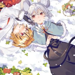  2girls animal_ears black_gloves black_skirt black_streaks black_vest blonde_hair capelet collared_shirt commentary_request fur-trimmed_capelet fur_trim gloves grey_hair grin hagoromo interlocked_fingers light_blush long_sleeves mouse_ears mouse_girl mouse_tail multicolored_hair multiple_girls nazrin neck_ribbon orange_eyes orange_ribbon own_hands_clasped own_hands_together parted_lips plant red_eyes ribbon ringed_eyes shawl shirt short_hair skirt smile snow snowing streaked_hair tail toramaru_shou toraneko_2 touhou two-tone_hair vest white_shirt 