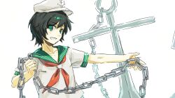  1girl anchor anchor_symbol black_hair chain green_eyes green_sailor_collar grin hat highres holding holding_chain looking_at_viewer murasa_minamitsu neckerchief nme_0039 red_neckerchief sailor sailor_collar sailor_hat shirt short_hair short_sleeves simple_background smile solo touhou upper_body white_background white_hat white_shirt 