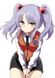  black_skirt blush breasts commentary_request dress_shirt emblem expressionless grey_hair hair_bobbles hair_ornament highres hoshino_ruri kidou_senkan_nadesico long_hair long_sleeves looking_at_viewer necktie orange_vest pencil_skirt shirt skirt small_breasts suberaku thighs twintails v_arms vest white_background white_shirt yellow_eyes 
