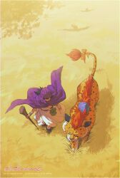  1boy black_hair borongo bow cape closed_eyes day dragon_quest dragon_quest_v from_above grass great_sabrecat hero_(dq5) highres holding holding_staff holding_weapon kwsby_124 male_focus outdoors purple_cape shadow signature slime_(dragon_quest) staff tail tail_bow tail_ornament tunic turban weapon 