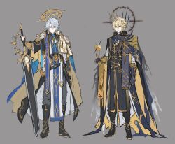  2boys absurdres alternate_costume alternate_form antenna_hair apple armor ascot baggy_pants belt black_belt black_boots black_cape black_gloves black_halo black_jacket black_tabard blonde_hair blue_ascot blue_cape blue_necktie boots cape closed_mouth collared_jacket commentary crossed_bangs dagger dawnmaker_(honkai:_star_rail) dual_persona fingerless_gloves floating floating_object food fruit full_body gloves gold_trim grey_background grey_belt grey_eyes grey_hair grey_pants hair_between_eyes halo halo_behind_head hand_up highres holding holding_sword holding_weapon honkai:_star_rail honkai_(series) jacket knife long_sleeves looking_at_viewer male_focus multiple_boys necktie official_alternate_eye_color official_alternate_hair_color pants papajay_(jennygin2) phainon_(honkai:_star_rail) phainon_(khaslana)_(honkai:_star_rail) purple_gloves short_hair shoulder_armor simple_background smile standing sun_print sun_symbol sword tabard teeth two-sided_cape two-sided_fabric untranslatable_commentary weapon white_jacket white_tabard yellow_cape yellow_eyes yellow_halo yellow_pants yellow_pupils 