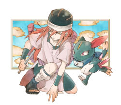  1girl black_hat black_sandals black_shorts commentary flute frown full_body hat headband headband_around_neck helmet highres holding holding_flute holding_instrument instrument long_hair looking_ahead musical_note naruto_(classic) naruto_(series) ninja orange_eyes pink_shirt pokemon pokemon_(creature) red_hair rope sandals shimenawa shirt short_sleeves shorts sneasel superhero_landing tayuya_(naruto) undershirt white_background yanbonya 