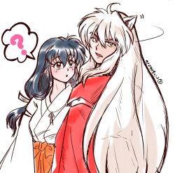  1boy 1girl ? animal_ears bia15wbokcn5yaq black_hair breasts brown_eyes commentary_request dog_boy dog_ears ear_wiggle fang hair_between_eyes higurashi_kagome inuyasha inuyasha_(character) japanese_clothes kariginu light_blush long_hair low-tied_long_hair medium_breasts miko motoyui open_mouth parted_lips red_shirt shirt sidelocks spoken_question_mark turning_head twitter_username upper_body white_background white_hair white_shirt yellow_eyes 