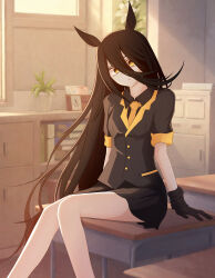  1girl absurdres animal_ears black_gloves black_hair black_jacket black_shirt black_skirt cabinet collared_shirt desk gloves hair_between_eyes highres horse_ears horse_girl horse_tail indoors jacket knight15z long_hair long_hair_between_eyes manhattan_cafe_(umamusume) necktie no_ahoge on_desk painting_(object) parted_lips plant pleated_skirt potted_plant shirt sitting skirt sleeves_rolled_up solo tail umamusume very_long_hair yellow_eyes yellow_necktie 
