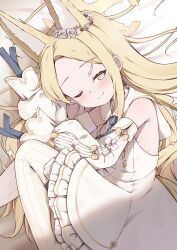  1girl ;) absurdres animal_ears ascot backless_dress backless_outfit bare_shoulders bed_sheet blonde_hair blue_archive blue_ascot blush bright_pupils buttons closed_mouth commentary_request cross_halo detached_sleeves dress ear_wreath flower_wreath fox_ears from_side gold_buttons gradient_eyes halo highres knees_up kyouwashi long_hair multicolored_eyes one_eye_closed pantyhose petticoat pinstripe_pantyhose sailor_collar sailor_dress seia_(blue_archive) short_dress sleeveless sleeveless_dress sleeves_past_fingers sleeves_past_wrists smile solo very_long_hair white_dress white_pantyhose white_pupils white_sailor_collar yellow_eyes yellow_halo 