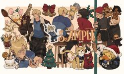  2girls 4boys ada_wong albert_wesker animalization ashley_graham bell beret black_boots black_gloves black_hair black_jacket black_pants black_pantyhose black_shirt black_shoes blonde_hair blue_eyes blue_shirt boots border bottle brown_jacket brown_vest bulletproof_vest cat charm_(object) christmas christmas_tree cocktail collared_shirt commission cowboy_shot cup cyberpumpkinpie dark-skinned_male dark_skin dress fingerless_gloves full_body fur-trimmed_jacket fur_trim furrowed_brow gingerbread_man gloves green_hat gun handgun hands_on_own_hips hashtag-only_commentary hat highres holding holding_cup holding_gun holding_spoon holding_weapon jack_krauser jacket keyring leon_s._kennedy looking_at_another luis_sera mistletoe mouse_(animal) mouse_on_head multiple_boys multiple_girls multiple_views neck_bell neckerchief orange_neckerchief pants pantyhose parted_bangs police police_uniform red_dress red_hair red_hat resident_evil resident_evil_2 resident_evil_4 ribbed_dress rubber_duck sample_watermark santa_hat scar scar_across_eye scar_on_face shirt shoes short_dress short_hair spoon stuffed_animal stuffed_toy suit_jacket sunglasses teddy_bear thigh_boots vest watermark weapon white_border white_shirt 