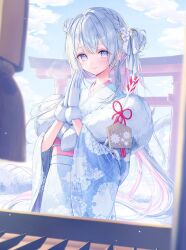  1girl aoi_sui arrow_(projectile) artist_request blue_hair blush braid clouds colored_inner_hair colored_skin commentary_request flower fur-trimmed_gloves fur_(clothing) fur_trim gloves hair_bun hair_flower hair_ornament hair_ribbon highres indie_virtual_youtuber japanese_clothes kimono long_hair multicolored_hair new_year obi outdoors own_hands_together palms_together pink_hair praying print_kimono ribbon sash second-party_source shrine sky smile snow solo torii virtual_youtuber white_gloves white_skin winter 