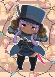  1girl absurdres blue_hat closed_mouth commission commissioner_upload dark-skinned_female dark_skin final_fantasy final_fantasy_xiv hat highres lalafell long_hair looking_at_viewer pixiv_commission purple_hair shelldy warrior_of_light_(ff14) 