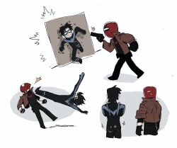  axian6777 batman_(series) batman_symbol belt black_bodysuit black_hair blue_bodysuit blue_mask bodysuit commentary_request dc_comics dick_grayson domino_mask escrima_sticks eye_mask gloves highres jacket jason_todd long_sleeves male_focus mask multicolored_bodysuit multiple_boys muscular muscular_male nightwing open_clothes open_jacket open_mouth red_hood_(dc) red_hood_and_the_outlaws red_mask short_hair simple_background superhero_costume taut_bodysuit two-tone_bodysuit utility_belt 