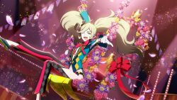  1girl artist_request black_pants blonde_hair blue_hat blue_jacket blue_shoes chair circus clenched_hand commentary english_commentary feet_out_of_frame flower game_cg gloves green_eyes hat highres indoors jacket long_hair looking_at_viewer magician magilou_(tales) mini_hat mini_top_hat multicolored_pants navel official_alternate_costume official_art one_eye_closed open_mouth pants petals pink_pants pink_ribbon pointy_ears reaching reaching_towards_viewer ribbon shoes sitting smile solo tales_of_(series) tales_of_berseria tales_of_crestoria third-party_source top_hat white_gloves 