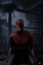  1boy abandoned absurdres animal_print arms_at_sides blood blood_on_body blood_on_face blood_on_mouth blue_bodysuit bodysuit brown_hair closed_eyes closed_mouth commentary dated english_commentary facing_down head_down highres injury kneeling lips male_focus marvel mask multicolored_bodysuit muscular muscular_male nibkuna night outdoors peter_parker plank print_bodysuit red_bodysuit red_mask ruins signature solo spider-man spider-man_(series) spider-man_1_(2002) spider_print spider_web_print superhero_costume torn_bodysuit torn_clothes torn_mask two-tone_bodysuit 