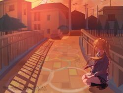  1girl artist_name black_socks blazer blonde_hair bridge brown_shoes building chalk_drawing commentary_request diagonal-striped_clothes diagonal-striped_necktie facing_away grey_jacket grey_skirt hands_on_own_thighs highres hopscotch house jacket kneehighs lens_flare long_hair long_sleeves miniskirt miyazono_kawori necktie open_clothes open_jacket outdoors pleated_skirt ponytail power_lines railing red_necktie scenery school_uniform shadow shigatsu_wa_kimi_no_uso shoes skirt socks solo squatting striped_clothes sunset town tree utility_pole web_address xiangxian_(sangheon23) 