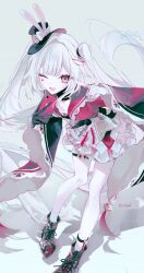  1girl absurdres bell black_boots black_gloves black_hat boots cellphone commentary diamond_(shape) diamond_facial_mark facial_mark frilled_sailor_collar frills gloves hat hat_ornament heart heart_facial_mark highres holding holding_phone honkai:_star_rail honkai_(series) jingle_bell leaning_forward lil3ef long_hair long_sleeves looking_at_viewer mini_hat mini_top_hat nail_polish one_eye_closed open_mouth phone pink_eyes rabbit_hat_ornament red_nails red_sailor_collar red_shirt sailor_collar shirt single_glove skirt smartphone solo sparkle_(honkai:_star_rail) sparxie_(honkai:_star_rail) thigh_bell top_hat twintails twitter_username untranslatable_commentary very_long_hair white_hair white_skirt 