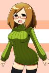  1girl artist_request black_legwear breasts brown_eyes brown_hair commentary_request glasses large_breasts looking_at_viewer nikki_(swapnote) open_mouth pink_background red-framed_glasses ribbed_sweater solo swapnote sweater thigh-highs turtleneck turtleneck_sweater 