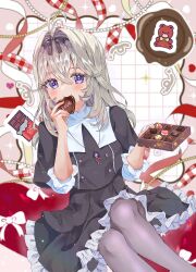  1girl absurdres black_dress black_ribbon box box_of_chocolates candy chocolate chocolate_bar dress eating food frilled_dress frilled_sleeves frills grey_hair grey_pantyhose hair_intakes hair_ribbon heart heart-shaped_chocolate heart-shaped_food highres holding holding_food isuzu_(an_icy_cat) jewelry looking_at_viewer medium_dress medium_hair meitantei_precure! moria_luluka necklace pantyhose precure ribbon short_sleeves sitting solo violet_eyes 