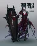  black_hair chain coffin cross dress flower league_of_legends leona_(league_of_legends) red_dress red_eyes rose shield shilin sword thorns weapon 