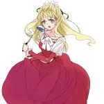  1girl blonde_hair bow claire_bennett dress green_eyes half_updo ladle long_hair maromi_(am97) red_dress smile solo tales_of_(series) tales_of_rebirth white_background 
