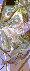  1000-nen_ikiteru_(vocaloid) 1girl above-cleavage_cutout absurdly_long_hair absurdres alternate_costume apple aqua_eyes aqua_hair aristocratic_clothes blue_butterfly bow branch breasts bug butterfly butterfly_on_hand clothing_cutout commentary_request crown double-parted_bangs dress fish_skeleton floating_hair flower food foot_out_of_frame footwear_bow fruit grin hair_between_eyes hair_flower hair_ornament hair_ribbon hatsune_miku highres kicking lace-trimmed_ribbon lace_trim leg_up long_dress long_hair looking_at_viewer low_block_heels making-of_available mikudayo mini_crown nail_(hardware) painterly pale_skin pantyhose petticoat picture_frame pink_bow pink_dress pink_flower pink_ribbon pink_rose pink_shoes plant pom_pom_(clothes) princess puffy_short_sleeves puffy_sleeves ribbon rose shoe_dangle shoes short_sleeves sidelocks small_breasts smile solo stanchion sunflower surreal tentacles through_medium through_painting traffic_light tree twintails very_long_hair vocaloid white_flower white_pantyhose white_rose white_trim yancaowei_naiyoutang yellow_flower 
