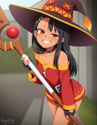  absurdres ai-generated bandages belt_buckle black_hair blush brown_eyes buckle choker clenched_teeth cosplay dark-skinned_female dark_skin earclip floating floating_object gloves grass hair_ornament hairpin hat highres ijiranaide_nagatoro-san kono_subarashii_sekai_ni_shukufuku_wo! long_hair mage_staff megumin megumin_(cosplay) nagatoro_hayase nyantation orb outdoors revealing_clothes sharp_teeth smile smug staff teeth witch_hat 