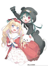  029 2girls animal_costume animal_ears animal_hood bear_costume bear_ears bear_hood blonde_hair blue_bow blue_eyes blush bow braid cosplay dress fang full_body green_hair hair_between_eyes hair_bow hair_ribbon hand_puppet highres hood hood_up kigurumi kneeing kuma_kuma_kuma_bear long_hair looking_at_viewer multiple_girls noire_foschurose official_art one_eye_closed open_mouth outstretched_arms own_hands_clasped own_hands_together pantyhose puppet red_bow red_dress red_eyes ribbon short_sleeves simple_background smile third-party_source twin_braids v-shaped_eyebrows white_background white_pantyhose yuna_(kuma_kuma_kuma_bear) 