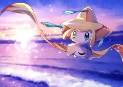  1other backlighting blue_eyes blurry blurry_background blush chisen_maimai closed_mouth clouds colored_skin commentary_request dot_mouth floating full_body gradient_sky highres jirachi lens_flare ocean other_focus outdoors pokemon pokemon_(creature) sky solo sunset waves white_skin 