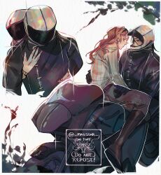  2girls black_boots black_hair black_jacket boots commentary english_commentary english_text helmet highres jacket kininatteru_hito_ga_otoko_ja_nakatta knee_boots koga_mitsuki long_hair magstaar motor_vehicle motorcycle motorcycle_helmet multiple_girls on_motorcycle oosawa_aya pink_hair signature sweater white_sweater 