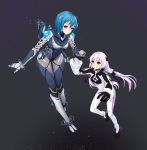  2girls absurdres alpha_(acerailgun) armor blue_hair bodysuit borrowed_character breasts cecilia_(acerailgun) clothes_writing floating floating_object gloves grey_background highres holding_hands hologram horns hoshi_usagi large_breasts lavender_hair light_particles long_hair looking_at_viewer looking_up mecha_musume multiple_girls original red_eyes robot_girl shiny shiny_clothes short_hair simple_background small_breasts smile space spacesuit thrusters twintails violet_eyes zero_gravity 