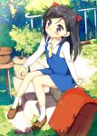  1girl arm_support backpack bag black_hair blush bowtie bush child collar hair_ornament highres kantoku_(style) kawai_(purplrpouni) long_sleeves moss necktie original plant pot potted_plant railing randoseru school_uniform sitting socks stairs tree uniform violet_eyes 