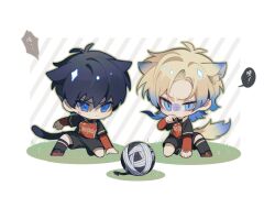  2boys animal_ears ball black_hair black_shorts blonde_hair blue_eyes blue_hair blue_lock cat_boy cat_ears cat_tail chibi chibi_only compression_shirt crown_tattoo full_body grass hand_tattoo highres isagi_yoichi layered_sleeves long_sleeves male_focus michael_kaiser multicolored_hair multiple_boys on_floor on_one_knee pcal_pcal short_hair_with_long_locks short_over_long_sleeves short_sleeves shorts speech_bubble tail tattoo translation_request two-tone_hair 
