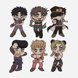  1girl 5boys battle_tendency belt black_hat blonde_hair bright_pupils commentary cone_hair_bun diamond_wa_kudakenai fang fingerless_gloves giorno_giovanna gloves green_hair green_scarf hair_bun hat higashikata_josuke highres jojo_no_kimyou_na_bouken jojo_pose jonathan_joestar joseph_joestar joseph_joestar_(young) kujo_jolyne kujo_jotaro multiple_belts multiple_boys neg_50asu open_mouth peaked_cap pectoral_cleavage pectorals phantom_blood pointing pointing_forward pompadour scarf stardust_crusaders stone_ocean striped_clothes striped_scarf untranslatable_commentary vento_aureo white_pupils 