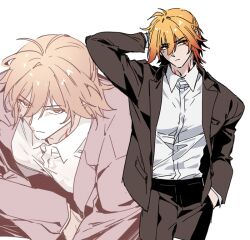  1boy alternate_costume black_jacket black_pants blonde_hair braid cm_(tenji1352) collared_shirt commentary_request facial_tattoo gradient_hair hand_in_pocket hand_on_own_head honkai:_star_rail honkai_(series) jacket korean_commentary male_focus medium_hair multicolored_hair multiple_views mydei_(honkai:_star_rail) open_clothes open_jacket pants red_hair red_tattoo shirt side_braid tattoo white_shirt yellow_eyes 