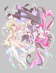  2girls absurdres arm_behind_head artist_name asymmetrical_footwear beamed_eighth_notes beamed_sixteenth_notes black_dress black_thighhighs blonde_hair boots bow closed_mouth cure_kiss cure_zukyuun dress earrings eighth_note floating gloves gradient_hair green_hair hair_ornament high_heel_boots high_heels highres jewelry kimi_to_idol_precure lilylily0601 long_hair looking_at_viewer magical_girl meroron_(precure) multicolored_hair multiple_girls musical_note musical_note_hair_ornament open_mouth pink_eyes pink_hair pointing pointing_at_viewer precure purirun_(precure) purple_hair short_dress sleeveless sleeveless_dress smile sparkle star_(symbol) thigh-highs thigh_boots treble_clef twitter_username two-tone_hair upside-down very_long_hair violet_eyes white_boots white_bow white_dress white_gloves 