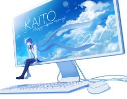  1boy absurdres black_boots blue_hair blue_scarf blue_trim boots character_name clouds coat computer_keyboard computer_mouse dated floating_scarf happy_anniversary hashtag-only_commentary headset highres kaito_(vocaloid) long_scarf long_sleeves maima_(rrs_0222) male_focus scarf short_hair simple_background sitting sky solo vocaloid white_background white_coat 